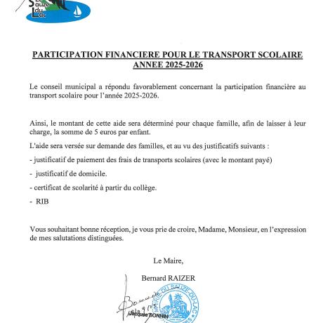 PARTICIPATION FINANCIERE POUR LE TRANSPORT SCOLAIRE