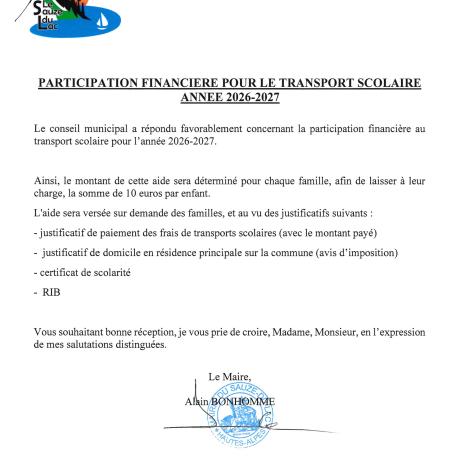PARTICIPATION FINANCIERE POUR LE TRANSPORT SCOLAIRE ANNEE 2026-2027
