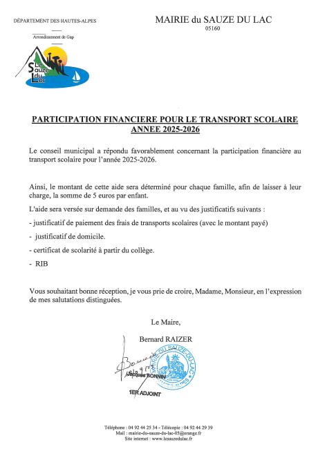PARTICIPATION FINANCIERE POUR LE TRANSPORT SCOLAIRE